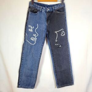 11-12Y Unique Two-Tone Denim Jeans with Face Prints